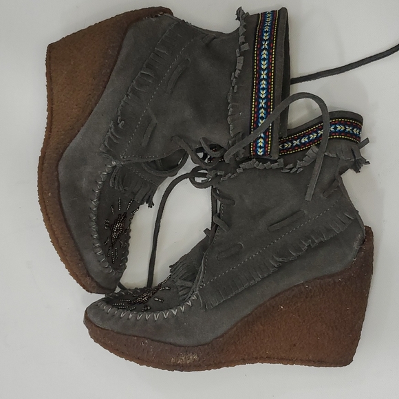 Ziginy Grizzleez Helen Gray leather suede Moccasin wedges women's size 7 - Picture 5 of 15